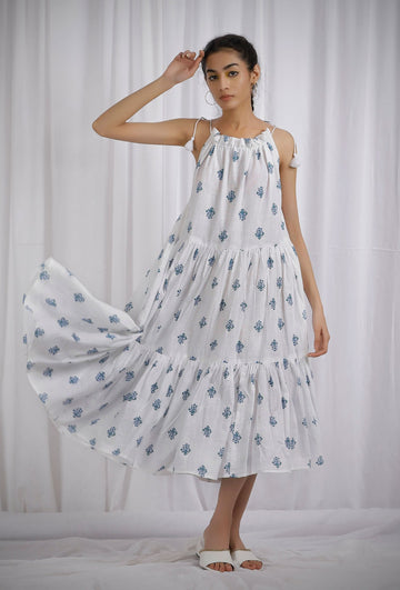Blue and Green Block Printed Cotton Flared Tier Dress